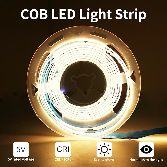 USB LED Light Strip,3000K Warm White COB LED Strip Lights, 6.56FT TV Lights Flexible Small Led Lights with Touch Switch Controller White 5V LED Strip Light for TV Backlight Bedroom