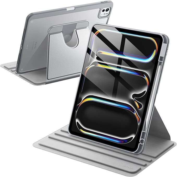 JETech Rotating Case ONLY for iPad Pro 13-Inch M5/M4 (2025/2024) with Pencil Holder, 360 Degree Rotation Protective Stand Cover Clear Back (Silver)