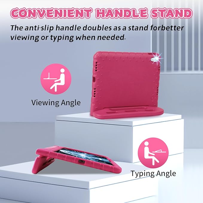 Case for iPad 11th A16/10th Generation with Pencil Holder & Handle Stand, Super Protection Kids Proof Cute EVA Cover for 11"/10.9" iPad 2025 & 2022 - Rose Red