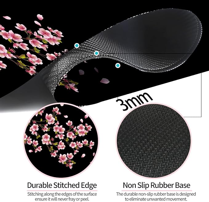 Japanese Cherry Blossom Gaming Desk Mat, Computer Keyboard Large Extended Flowers Mouse Pad for Office and Home, 31.5×11.8 Inches, XL, Black