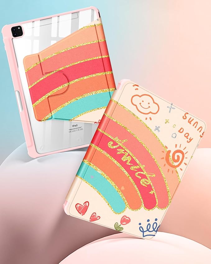 Uppuppy for iPad Pro 12.9 Case Folio Cover with Pencil Holder Girls Women Cute Kids Sun Rainbow Girly Kawaii Smile Pretty Rotating Stand for Apple iPad Pro 12.9 Inch Cases 2022/2021/2020/2018