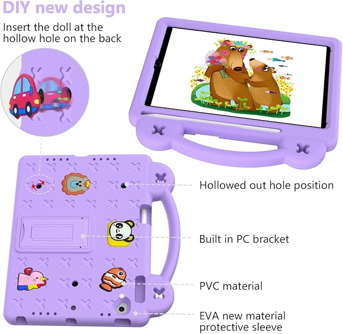AKABEILA Compatible with Apple iPad Air 1 2013/Air 2 2014/Pro 9.7(2016)/iPad 9.7(2017/2018) Tablet Case, Kids Shockproof Protective Case with Shoulder Strap & Stand Handle & Pen Tray Light Purple