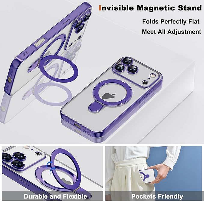 Compatible with iPhone 17 Pro Case with Invisible Magnetic Ring Stand [Compatible with Mag-Safe] [Full Camera Lens Protector] Plating Clear Phone Case for iPhone 17 Pro 6.3", Purple