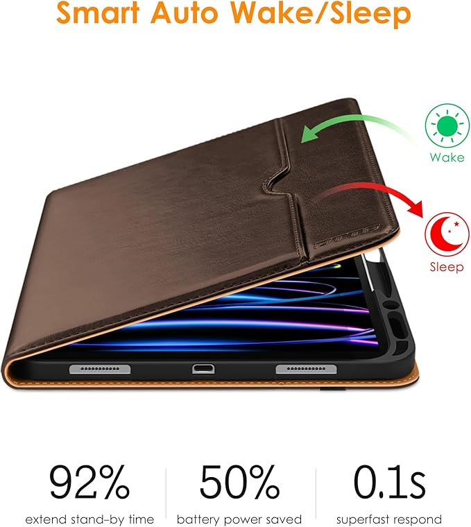DTTO for iPad Pro 12.9 6th / 5th / 4th / 3rd Generation Case 2022/2021/2020/2018, Leather Folio Stand Cover with Built-in Apple Pencil Holder -Auto Wake/Sleep and Multi Viewing Angles, Dark Brown