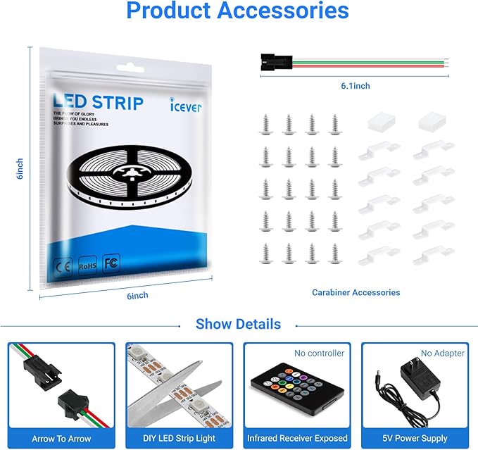 16.4FT WS2812B 5V LED Strip Lights 150 Individual Addressable RGB IC 5050SMD LEDs - Flexible White PCB IP67-30LEDs/m MagicRGB Dream Color for DIY Chasing Color Project (No Power Supply & Controller)