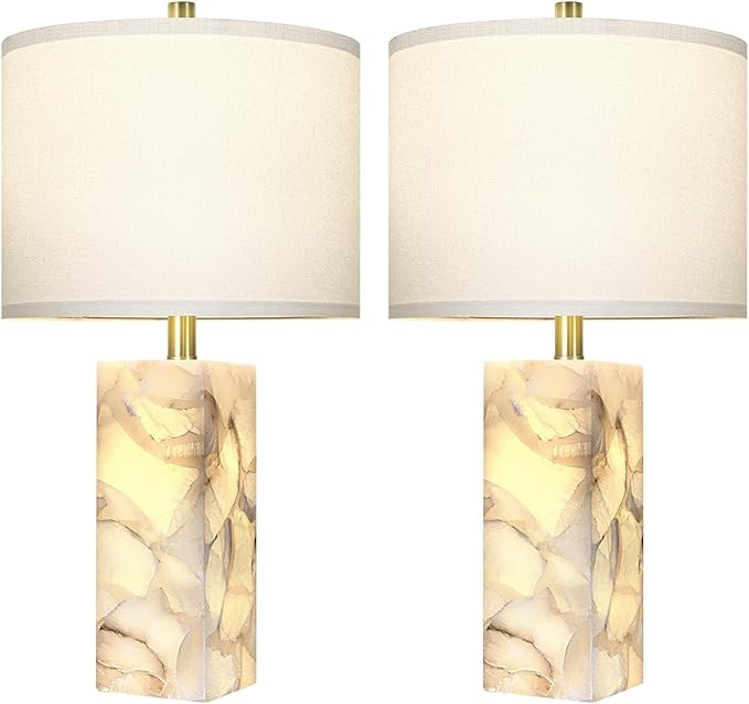 Scenekoy Alabaster Table Lamp Set of 2 with Night Light for Bedroom Living Room, 23" Rotary Switch Bedside Lamp with Linen Shade, Modern Nightstand Lamps for Room Office Dorm (Bulb Included)