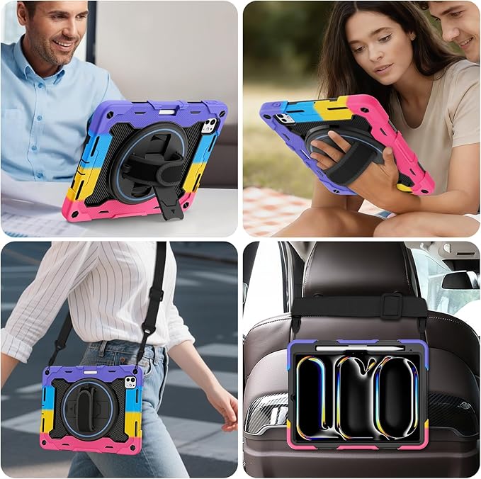 iPad Pro 11 Inch Case M5 2025/M4 2024, Heavy Duty Shockproof Protective Case with Screen Protector, 360° Rotating Stand Hand Strap Shoulder Strap Kids Cover Apple Pencil Holder