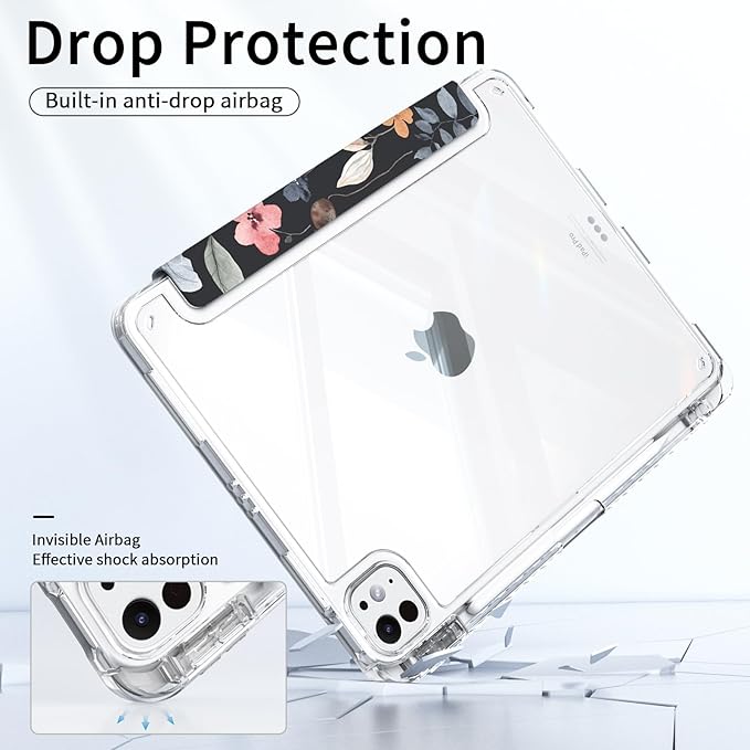 for iPad Pro 11-inch Case M5 (2025) Chip, Slim iPad Pro 11 M4 (2024) Case with Pencil Holder, Trifold Stable Stand, Transparent Shockproof Back Cover Full Protection, Black Flower
