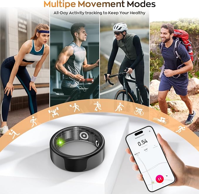 Smart Ring with Sleep Monitoring, Step Counting, Heart Rate for iPhone and Android, No Subscription Fee, IP68 Waterproof Health Tracker (Black, 7)