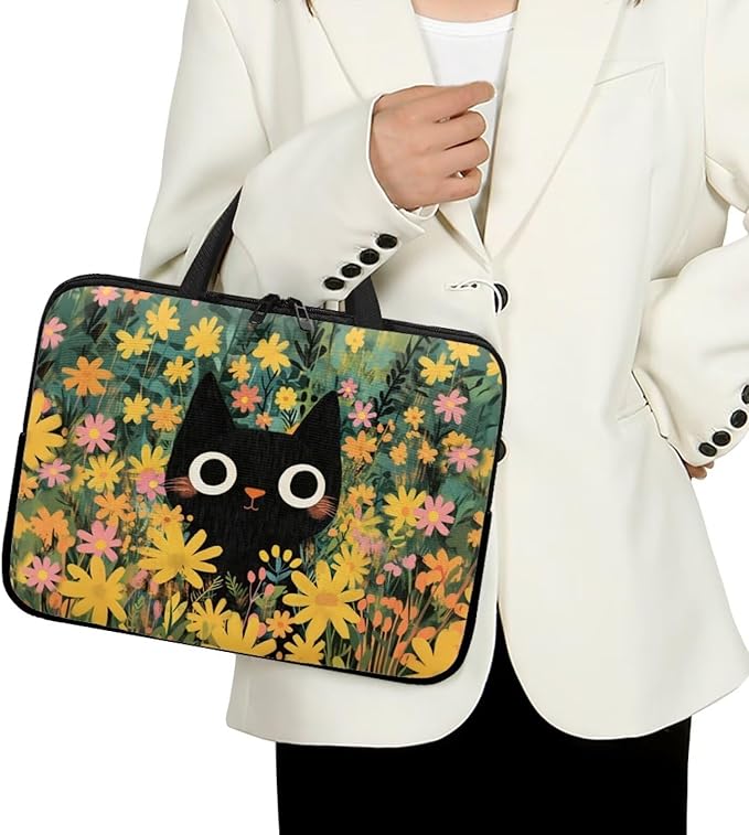 10 Inch Black Cat Flowers Laptop Sleeve Case, Sturdy Computer Bag Tablet Carrying Case with Handle, Tote Bags for Work/School/Travel, Large Capacity Notebook Messenger Briefcase