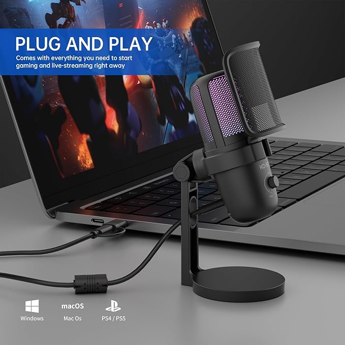 Pro USB Microphone for PC/PS5/Mac - Gaming, Streaming & Podcast Studio Mic with Omnidirectional Sound, RGB Lighting, Quick Mute, Noise Cancellation - Includes Pop Filter, Shock Mount, Boom Arm