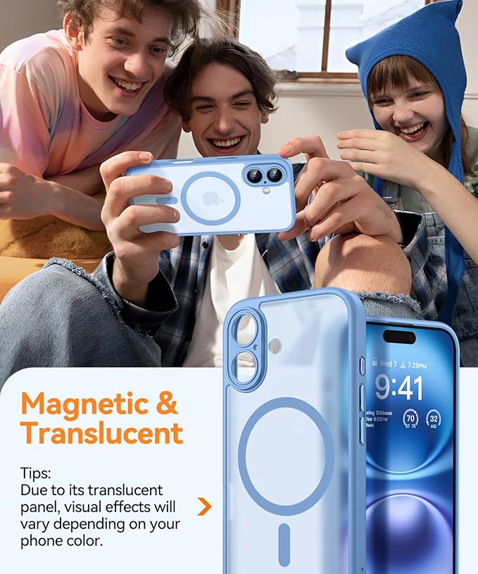 CANSHN Magnetic for iPhone 16 Plus Case, Upgraded [Full Camera Protection] [Compatible with Magsafe] [Translucent Matte] Shockproof Protective Phone Case for iPhone 16 Plus - Light Blue