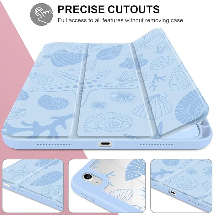 Case for iPad Air 11 inch M4 2026 M3 2025 M2 2024 Release with Pencil Holder Clear Back Shell Blue Lightweight Shockproof TPU Edge Trifold Stand Auto Wake Sleep Cute Cover, Starfish and Shells