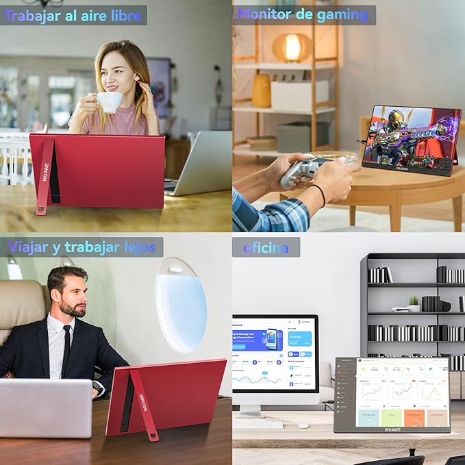 WUAWE 16 inch Portable Laptop Monitor, 100% sRGB Portable Gaming Monitor with Built-in Stand, HDR and Freensync, External USB C Monitor for Laptop, PC, Phone, Switch and PS5(Red)