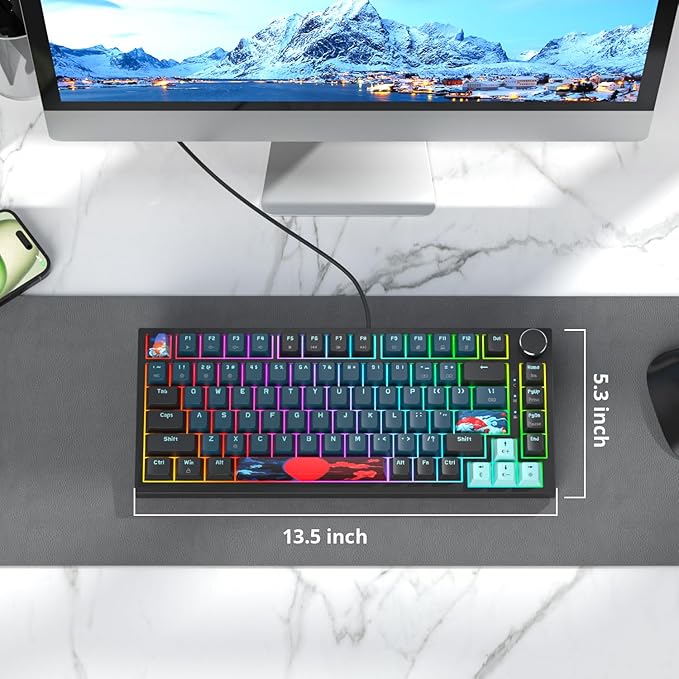 Fogruaden Wired 75% Percent Mechanical Keyboard, RGB Backlit 75 Percent Gaming Keyboard, Gasket Mount TKL Mechanical Keyboard, Hot Swappable Red Switch, NKRO Compact Keyboard with Volume Knob