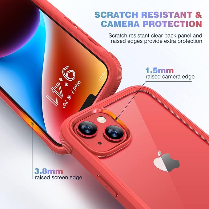 Diaclara Designed for iPhone 14 Case, Full Body Rugged Case with Built-in Touch Sensitive Anti-Scratch Screen Protector, with Camera Lens Protector for iPhone 14 6.1" (Red and Clear)