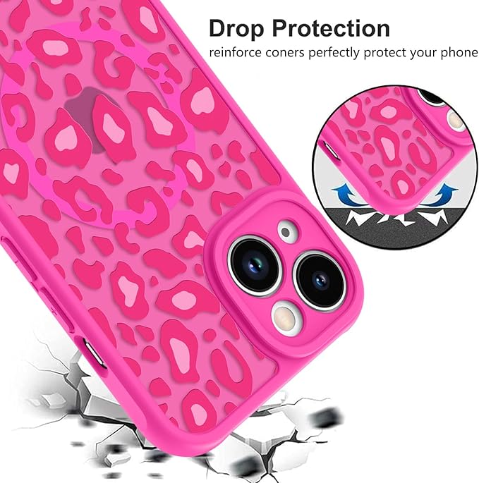 KANGHAR Case for iPhone 14 Hot Pink Leopard Printed Pattern Cute Cheetah [Compatible with Magsafe] Protective Magnetic Case for Girls Women 6.1"