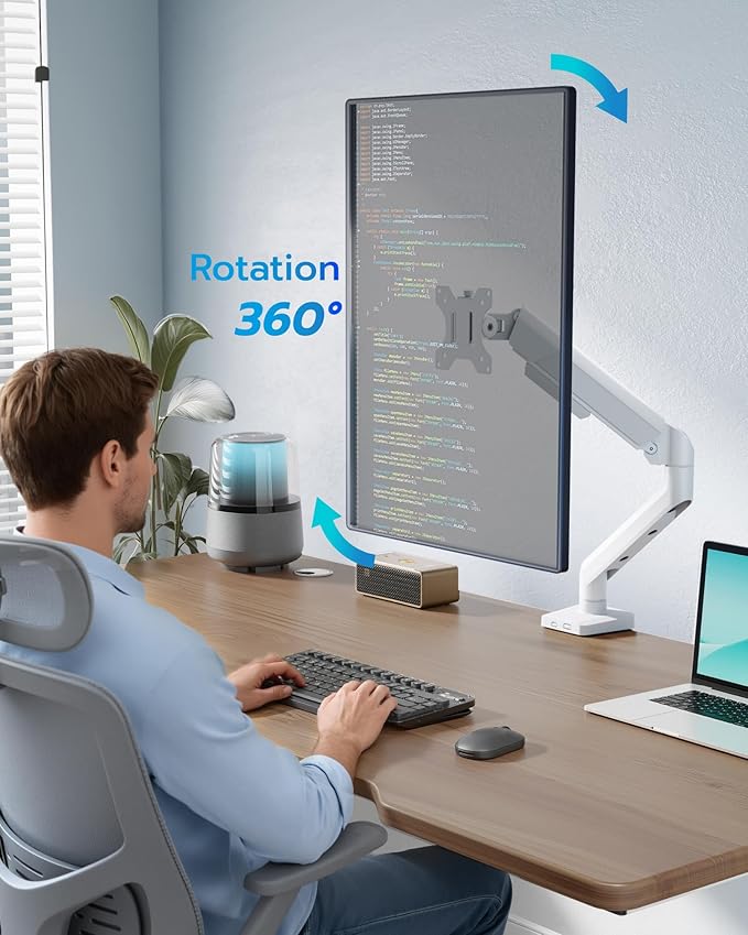 ARES WING Heavy Duty Single Monitor Arm - Fully Adjustable Monitor Mount for 17"-40" Ultrawide Screens up to 26.4 lbs with Clamp/Grommet Desk Mount, 75/100 Vesa Mount, White