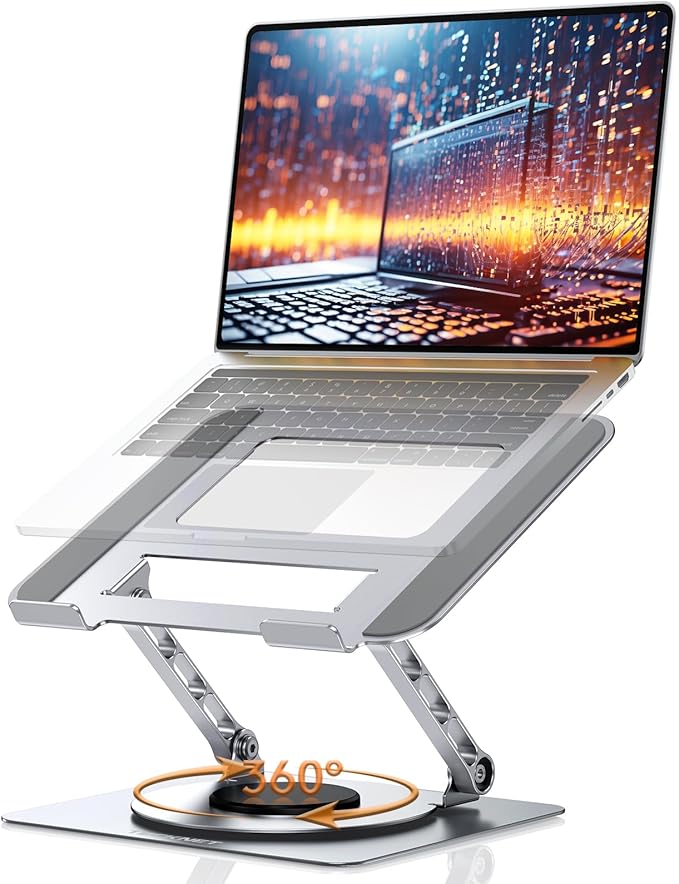 TECKNET Laptop Stand for Desk - 360° Rotating Base, Ergonomic Foldable Computer Stand for Laptop Riser, Height Adjustable, Compatible with MacBook Pro, Dell XPS, HP, and All Laptops 10-17" (Silver)