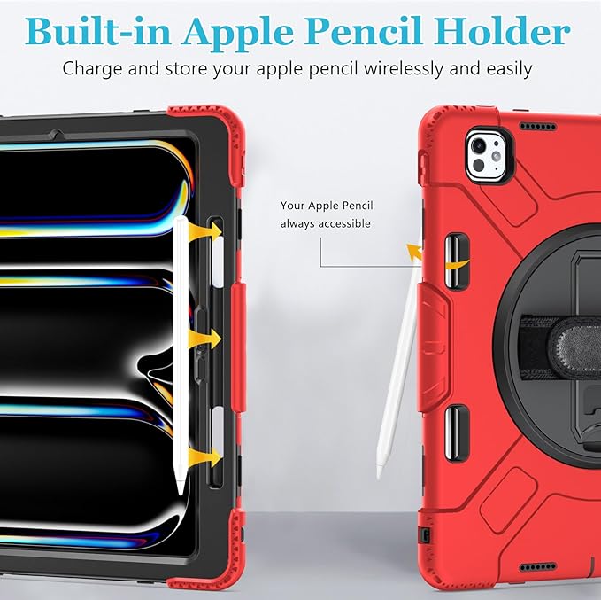 Case for iPad Pro 13 Inch M5 2025/ M4 2024: Military Grade Cover for iPad Pro 13" with Screen Protector - Stand - Handle - Shoulder Strap - Pencil Holder- Red