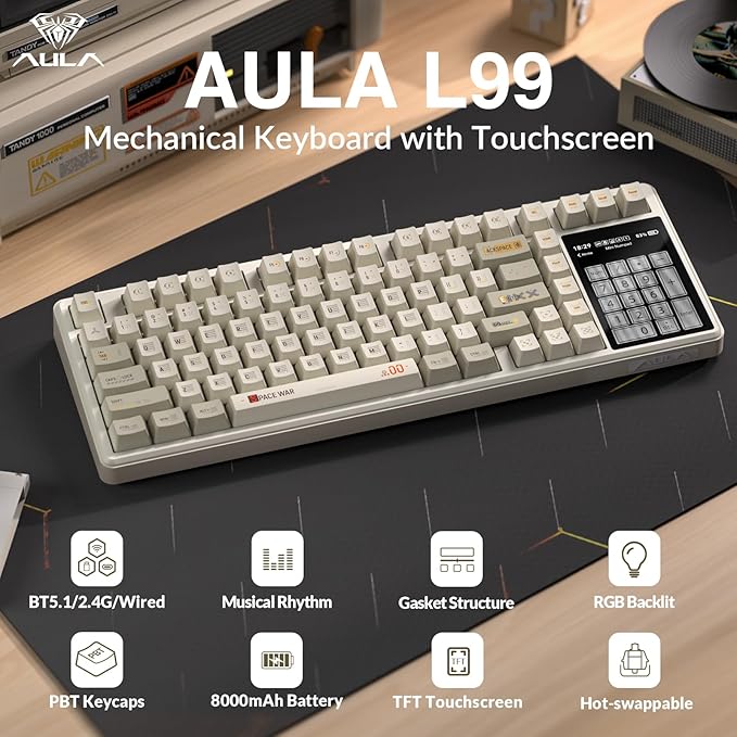 Aula L99 Wireless Mechanical Keyboard with Smart Touch Screen,Tri-Mode Hot Swappable Custom Gaming Keyboard,RGB Backlit,PBT Keycap,Gasket Mount Creamy Sound Computer Keyboards for Office PC,84 Keys