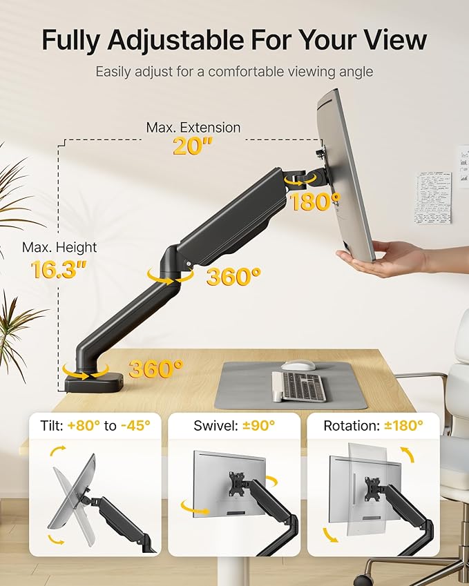 monTEK Heavy Duty Single Monitor Arm with USB/Audio Ports for 17-32” Screens, Premium Mechanical Spring Monitor Arm up to 19.8 lbs, Full Motion Monitor Desk Mount, VESA 75/100 mm, Clamp/Grommet