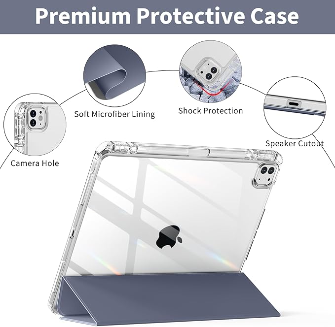 Clear Case for iPad Pro 12.9 inch 6th/5th/4th/3rd Gen with Pencil Holder [Support Pencil Charging] Auto Wake/Sleep, Lightweight Shockproof Trifold Stand Transparent Hard PC Back Cover, Purple-2