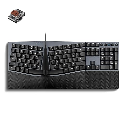 Perixx PERIBOARD-535BL [Firmware Updated] Wired Ergonomic Mechanical Keyboard - Full-Size - Low-Profile Blue Clicky Switches - Compatible with Windows and macOS