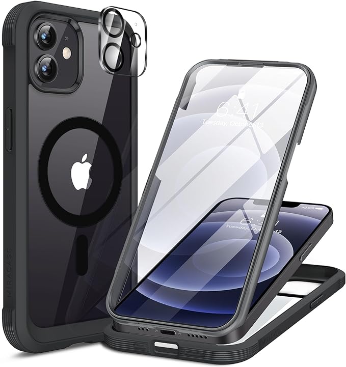 Miracase Magnetic for iPhone 12/12 Pro Case 6.1 inch, (Compatible with MagSafe) Upgrade Full-Body Clear Phone Bumper Case with Built-in 9H Tempered Glass Screen Protector, Magnetic Classic Black