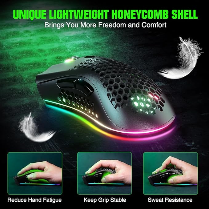 WolfLawS KM-1 Gaming Mouse, Wireless Mouse Gaming Computer Mice USB with Honeycomb Shell, 6 Programmed Buttons, 3 Adjustable DPI, Ergonomic RGB Optical Mouse for PC Mac Laptop