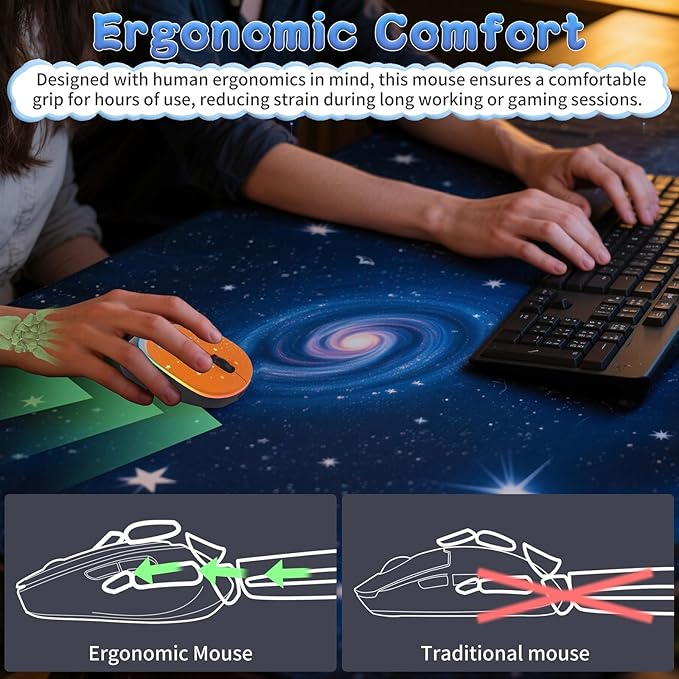 elec Space Bluetooth Wireless Mouse with Starry Sky RGB Backlight - Ergonomic Dual Mode Rechargeable Mouse, Type-C Charging - Perfect for Office, Gaming & Travel (Orange)