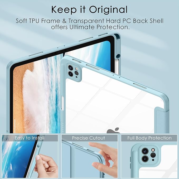 Soke Case for iPad Pro 12.9 Inch (6th/5th/4th/3rd Generation, 2022/2021/2020/2018) - Pencil Holder + Auto Sleep/Wake + Camera Protection, Transparent Shockproof Back Cover,Sky Blue