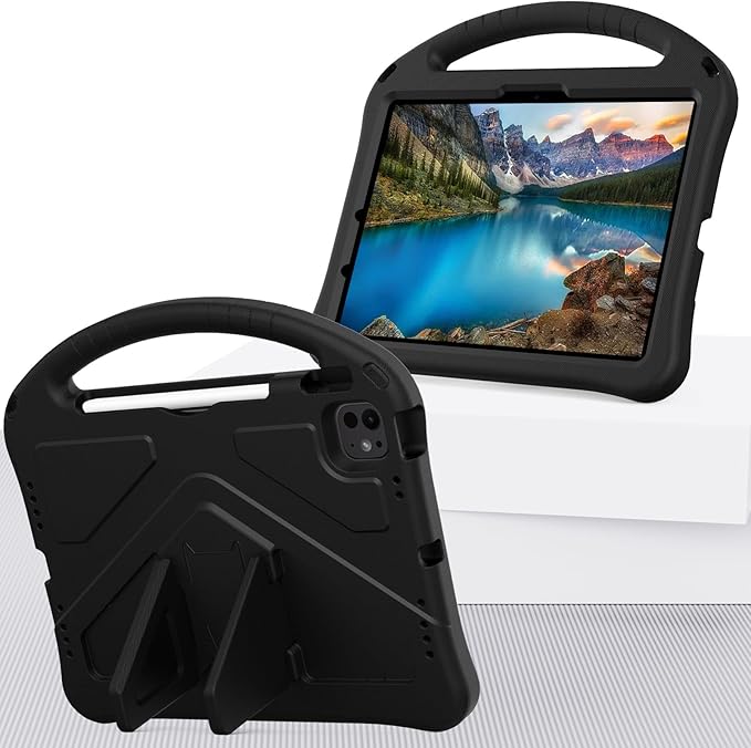 Kids Case for iPad Pro 11-inch (M5) 2025/(M4) 2024, Air 11" 2026 M4/M3/M2 Case with Pencil Holder, Techcircle Lightweight Shockproof EVA Foam Handle Stand Anti-Slip Grip Rugged Cover, Black