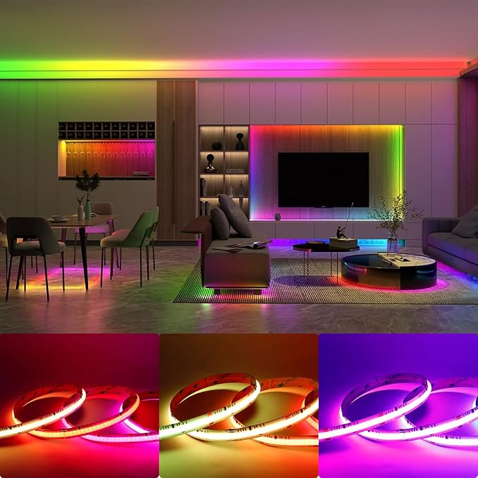 Smart WS2811 IC RGB COB LED Strip 6.56FT/2M, 720LED/m 20IC/M 12mm Width High Density Uniform Chasing Color Light DC24V White PCB Flexible Tape Light(No Adapter or Controller)