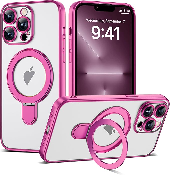 Compatible with iPhone 13 Pro Max Case with Magnetic Ring Stand [Compatible with Mag-Safe] [Full Camera Lens Protector] Soft Plating Clear Phone Case for iPhone 13 Pro Max 6.7", Rose