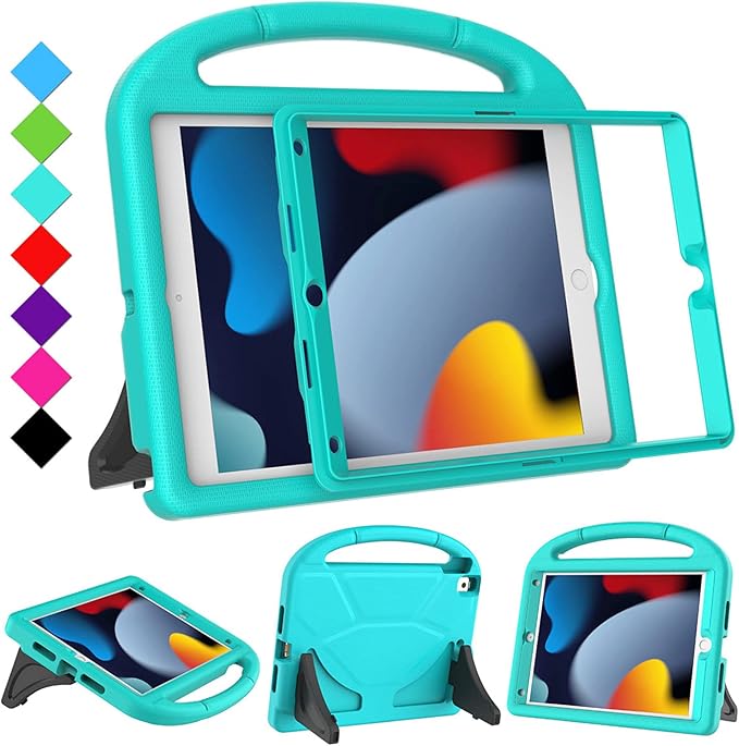 Kids Case for iPad 10.2 & 10.5, iPad 9th/8th/7th Generation 10.2" 2021 2020 2019 Case with Screen Protector, iPad Air 3rd Gen/Pro 10.5 inch Protective Cover with Handle Stand, Cyan