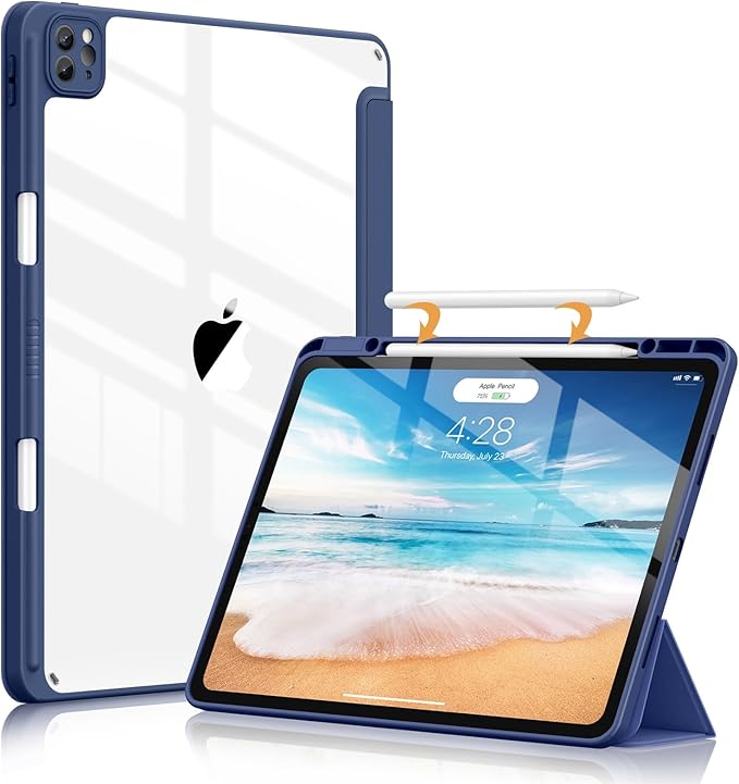 Soke Case for iPad Pro 12.9 Inch (6th/5th/4th/3rd Generation, 2022/2021/2020/2018) - Pencil Holder + Auto Sleep/Wake + Camera Protection, Transparent Shockproof Back Cover, Navy