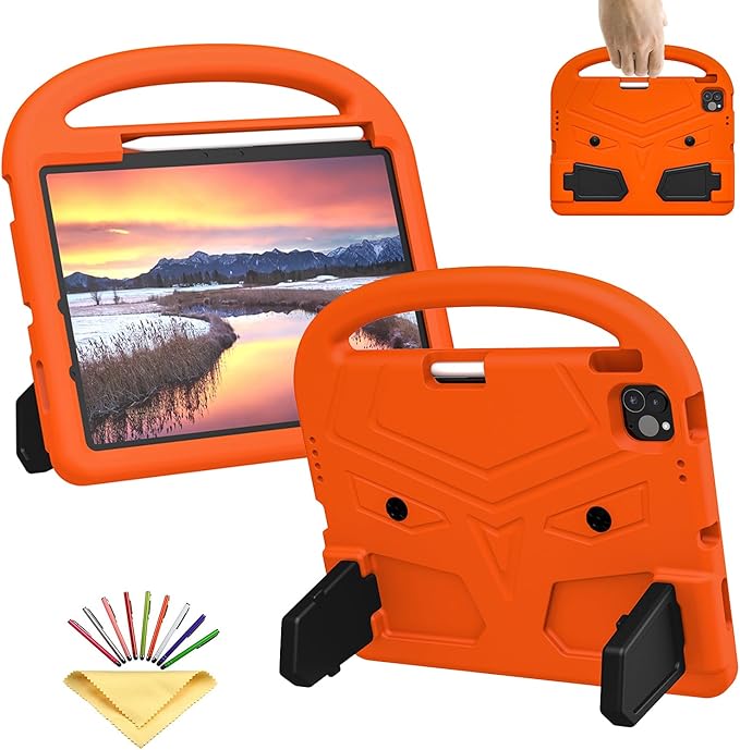 Kids Case for Apple iPad Air 11-inch M3 (2025) /M2 (2024) with Pencil Holder/Handle/Kickstand Lightweight Soft EVA Foam Shockproof Stand Tablet Cover for iPad Air 11" M3/M2, Orange Bird