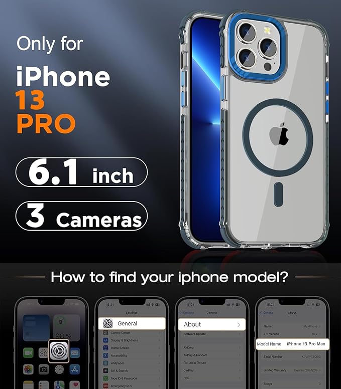 DEERLAMN Strong Magnetic Case for iPhone 13 Pro 6.1-Inch,[Compatible with Magsafe][Military-Grade Protection] Clear Slim Shockproof Protective Phone Cover for Women Men-Transparent+Blue