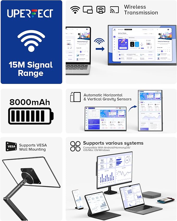 UPERFECT Wireless Portable Monitor with Battery 8000mAh, 15.6" 1080P FHD Ultra Slim Travel Monitor with Stand/VESA/Sleeve, External Second Screen for Laptop, PC, Phone, Support AirPlay Miracast