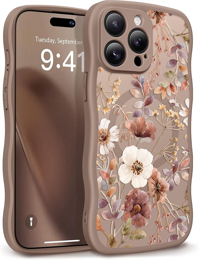 GVIEWIN for iPhone 15 Pro Max Case Compatible with MagSafe [Curly Wave Edge][Full Camera Protection] Floral Translucent Shockproof Magnetic Women Phone Case for 15 Pro Max 6.7'', Corn Poppy/Brown