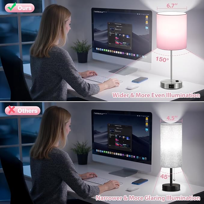 Pink Touch Lamps for Nightstand Set of 2 - Bedside Table Lamp for Bedroom with Dual USB Ports & AC Outlet, 3-Way Dimmable Lamps for Living Room Boys Room, Night Light with 5000K Daylight Bulbs
