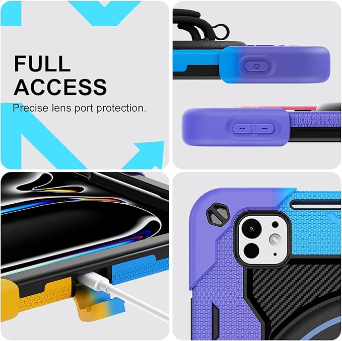iPad Pro 11 Inch Case M5 2025/M4 2024, Heavy Duty Shockproof Protective Case with Screen Protector, 360° Rotating Stand Hand Strap Shoulder Strap Kids Cover Apple Pencil Holder