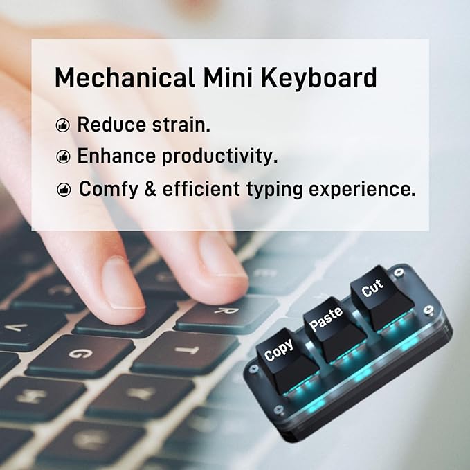 Copy Keyboard, Cut Copy Paste Keypad, One Handed Macro Keypad, Programmable Mechanical Keyboard for Working and Gaming, Shortcut Keyboard for PC, MAC, Laptop (Black)