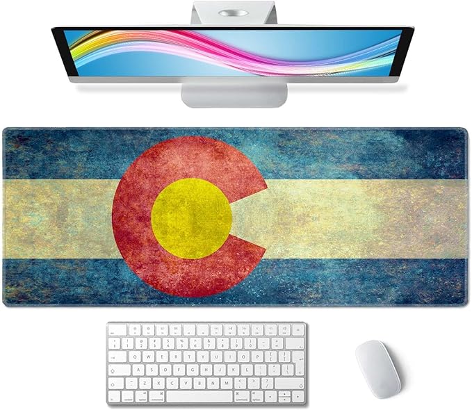 Large Gaming Mouse Pad with Stitched Edges, Vintage Colorado State Flag Desk Mat, Extended Keyboard Pad, Non-Slip Rubber Base Desk Pad for Keyboard and Mouse, 31.5X11.8 inch