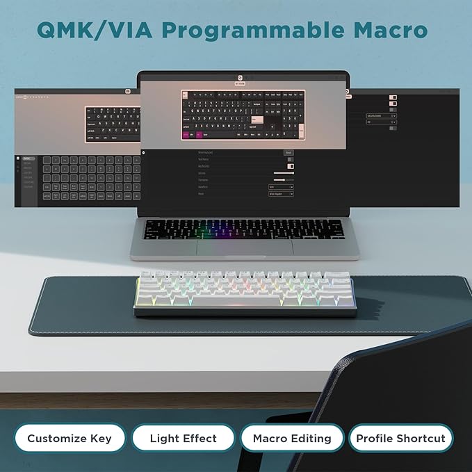 RK ROYAL KLUDGE 60% Mechanical Keyboard RK61 Pro, Wired Gaming Keyboard Aluminum Frame, Programmable RGB Backlit 61 Keys Ultra-Compact, Gateron Brown Switch, White