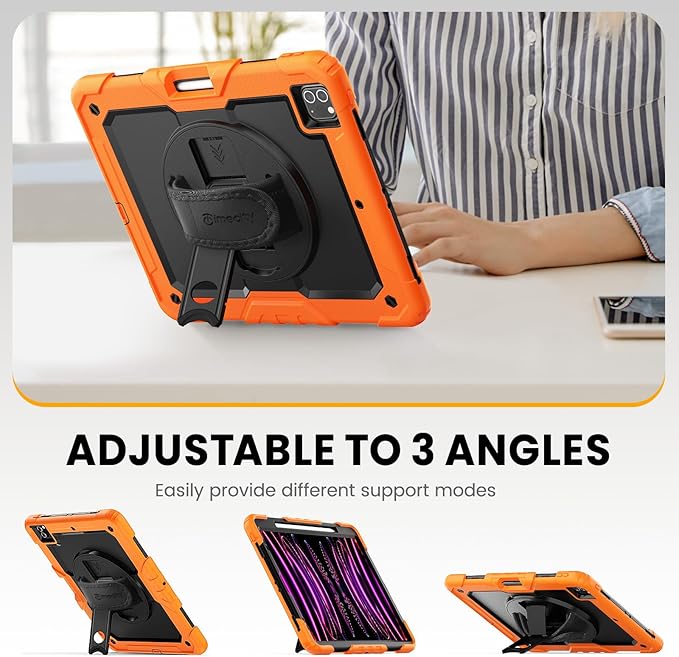 Timecity for iPad Pro 12.9 Case 6th/5th/4th/3rd Gen, 360° Rotating Stand, Pencil Holder & Wireless Charging, Shockproof with Screen Protector & Shoulder Strap - for Designers & Professionals - Orange