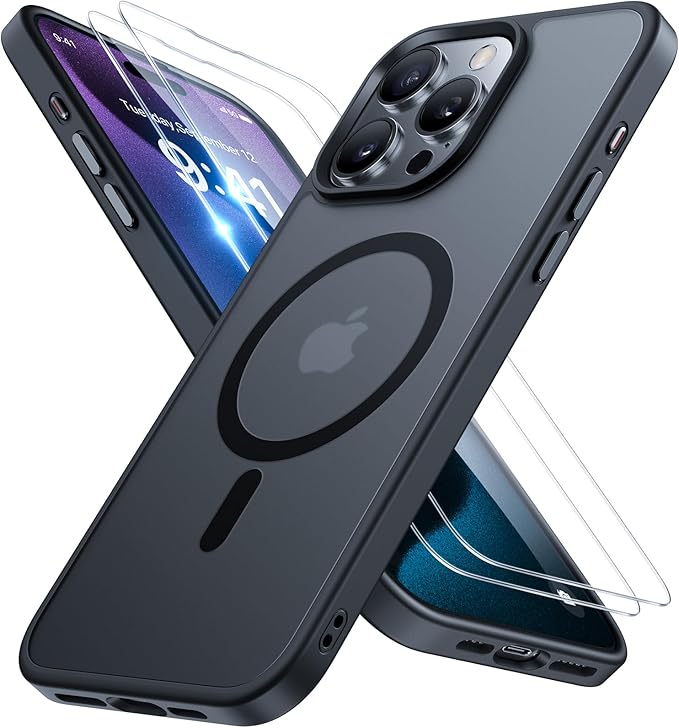Miracase Magnetic for iPhone 15 Pro Max Case 6.7 inch (Compatible with MagSafe)（with 2X Screen Protectors） Military-Grade Protection, Anti-Fingerprint Translucent Matte Phone Cover, Black