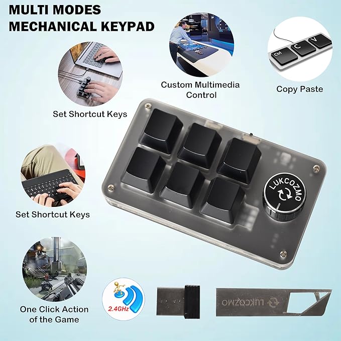 LUKCOZMO Macro Pad Macropad Programmable Keypad Customized 6-Key Mini Mechanical Gaming Keyboard One Handed Keyboard BT RGB OSU Multifunctional Macropad Knob Wireless Receiver&Type C 1m Cable