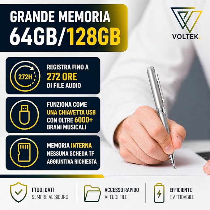 VOLTEK Digital Voice Recorder Pen - 64GB - Mini Audio Recording Device for Meetings - Portable Dictaphone Microphone - Clear Voice Capture - Compact Digital Recorder 5X Inks, Leather Case and Guide